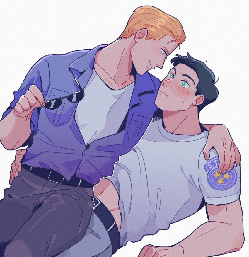 2boys, absurdres, adam's_apple, albert_wesker, arm_around_shoulder, arm_support, belt, belt_buckle