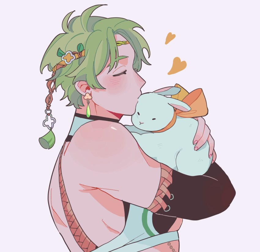 1boy, animal, blush, bow, charm_(object), closed_eyes, commentary, detached_sleeves