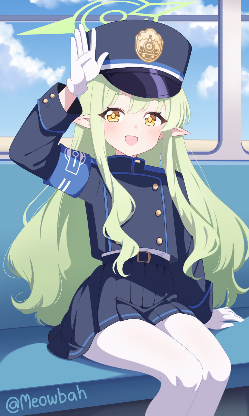 1girl, blue_archive, gloves, green_hair, halo, happy, hat, highres, hikari_(blue_archive), long_hair, long_sleeves, looking_at_viewer, meowbah, open_mouth, pleated_skirt, sitting, skirt, smile, train, train_interior, yellow_eyes