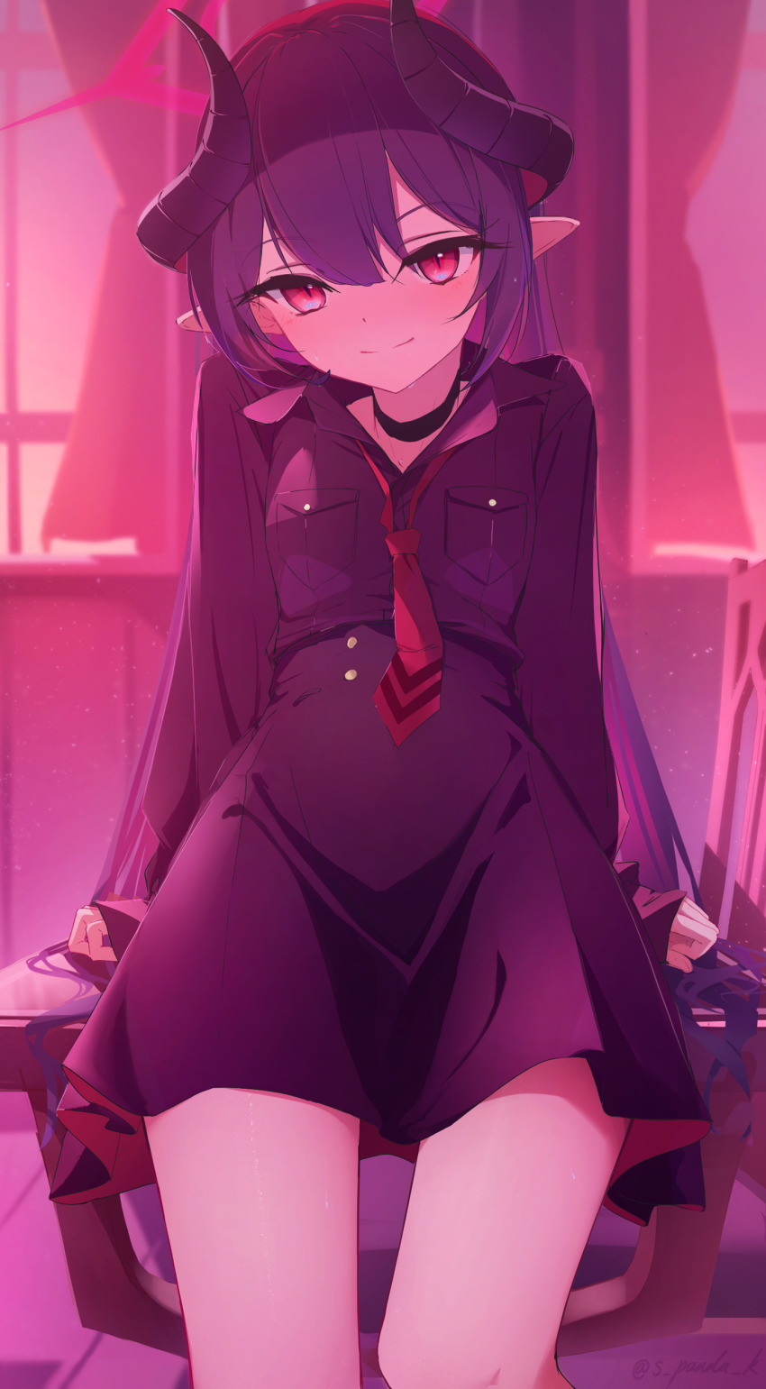 1girl, absurdres, arm_support, black_choker, black_hair, black_horns, black_shirt, black_skirt