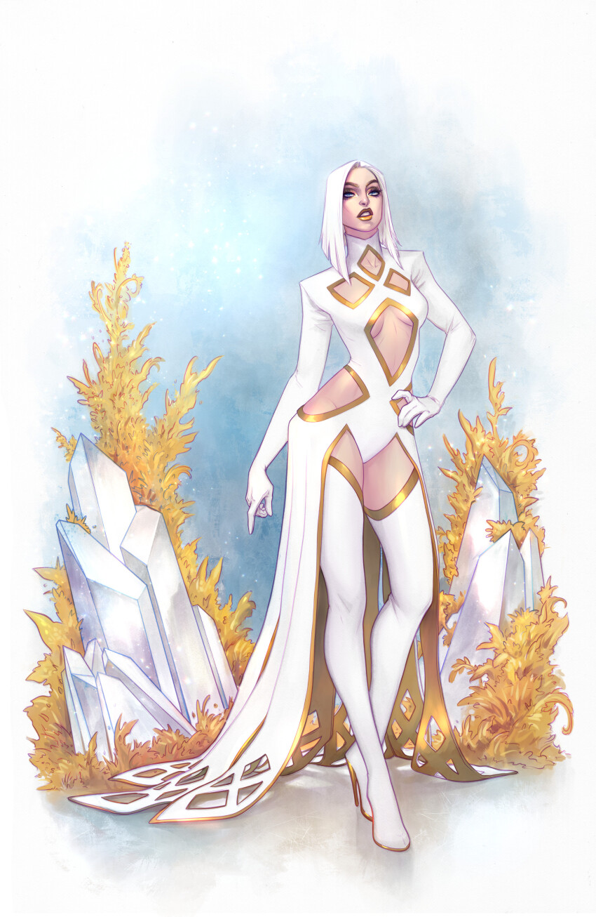 1girl, absurdres, blue_eyes, boots, breasts, clothing_cutout, crystal, dress, emma_frost, full_body, high_heel_boots, high_heels, highres, hip_vent, long_dress, marvel, medium_breasts, meghan_hetrick, parted_lips, sneer, solo, stomach_cutout, thigh_boots, white_boots, white_dress, white_hair, x-men