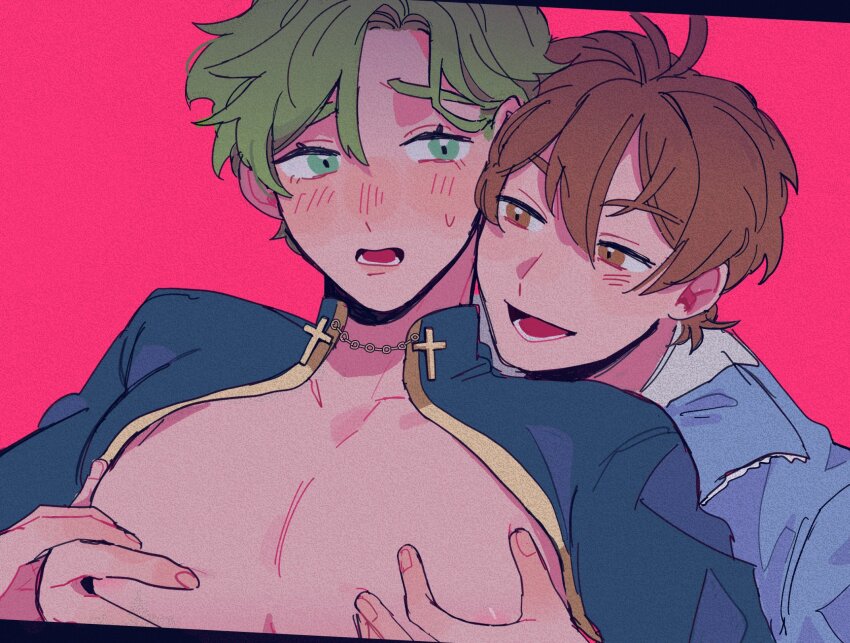 2boys, bare_pectorals, black_shirt, blue_jacket, blush, brown_eyes, brown_hair, chinese_commentary, collared_shirt, commentary_request, couple, cross, eiden_(nu_carnival), gold_trim, green_eyes, green_hair, hair_between_eyes, hands_on_another's_chest, hands_up, highres, jacket, looking_at_another, lower_teeth_only, male_focus, multiple_boys, nu_carnival, olivine_(nu_carnival), oooyinghu, open_clothes, open_mouth, open_shirt, parted_bangs, pectoral_grab, pectorals, red_background, shirt, short_hair, sweat, sweatdrop, teeth, upper_body, yaoi, zipper