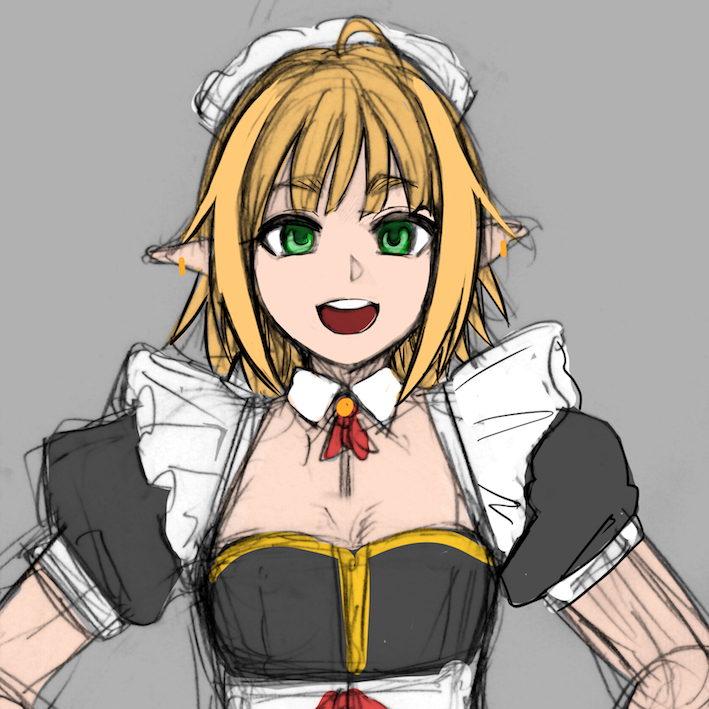 1girl, breasts, detached_collar, dress, earrings, elf, pointy_ears, female_focus, frilled_dress, frills, green_eyes, grey_background, hair_tuft, headdress, high_collar, houjou_no_reizoku_elf, jewelry, looking_at_viewer, maid, maid_headdress, medium_hair, neck_ribbon, neroma_shin, open_mouth, orange_hair, puffy_short_sleeves, puffy_sleeves, red_ribbon, ribbon, short_sleeves, sketch, small_breasts, smile, teeth, thick_eyebrows, upper_body, upper_teeth_only, yonna_(houjou_no_reizoku_elf)