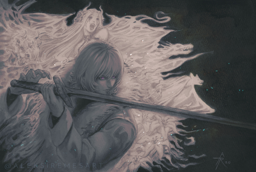 1boy, 1girl, aleksi_remes, artist_name, castlevania:_aria_of_sorrow, castlevania_(series), coat, commentary