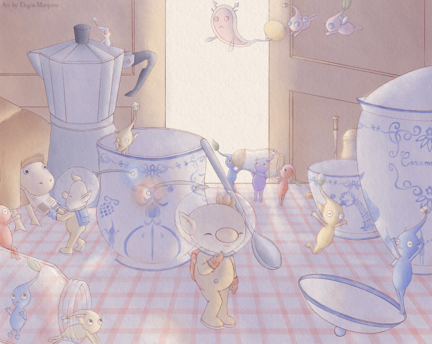 2boys, ^_^, absurdres, artist_name, backpack, bag, black_eyes, blonde_hair, blue_bag, blue_eyes, blue_gloves, blue_pikmin, blue_skin, brown_hair, buttons, closed_eyes, closed_mouth, colored_skin, commentary, commentary_request, cup, dark, elegiacmarquise, english_commentary, fighting, flower, flying, full_body, furrowed_brow, giant_breadbug, gloves, hand_on_own_chin, helmet, highres, holding, holding_paper, holding_shaker, honeywisp, in_container, in_jar, indoors, insect_wings, jar, kitchen, leaf, lid, light_frown, looking_at_another, louie_(pikmin), mini_person, miniboy, mixed-language_commentary, multiple_boys, nintendo, no_mouth, olimar, open_door, oversized_object, paper, pikmin_(creature), pikmin_(series), pink_flower, pink_skin, pitcher_(container), pointy_ears, pointy_nose, procreate_(medium), purple_pikmin, purple_skin, radio_antenna, red_bag, red_eyes, red_gloves, red_pikmin, red_skin, short_hair, sitting, smile, solid_circle_eyes, space_helmet, table, tablecloth, teacup, teapot, triangle_mouth, very_short_hair, white_flower, white_pikmin, white_skin, winged_pikmin, wings, yellow_pikmin, yellow_skin