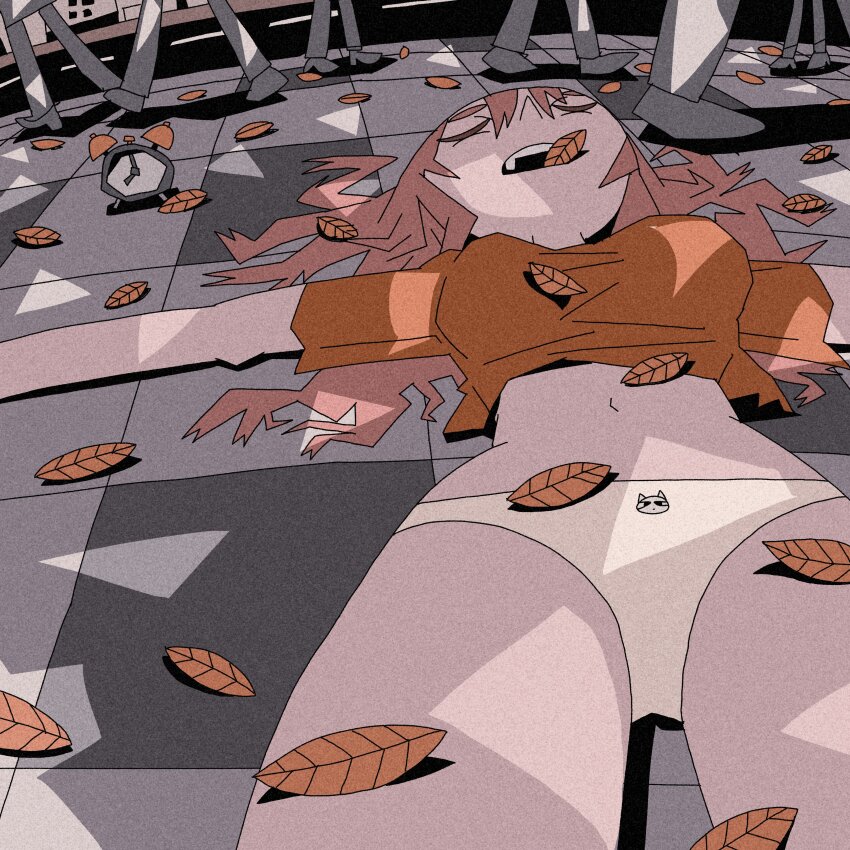 1girl, absurdres, alarm_clock, animal_print, autumn_leaves, breasts, cat_print, cat_print_panties, clock, closed_eyes, cropped_shirt, crown, highres, leaf, leaf_in_mouth, lying, navel, no_pants, nyr50ml, on_back, open_mouth, orange_shirt, original, outdoors, outstretched_arms, panties, pink_hair, print_panties, shirt, sleeping, solo_focus, spread_arms, underwear, upper_body, white_panties