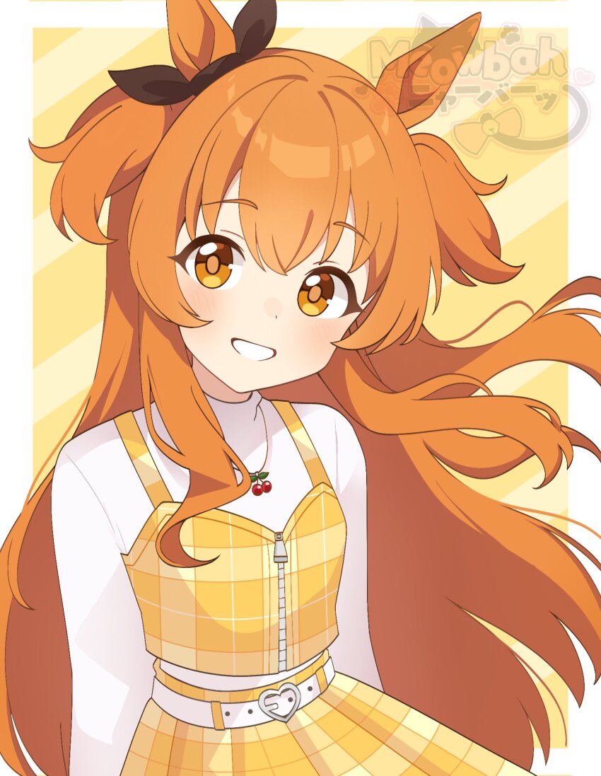 1girl, animal_ears, belt, blush, highres, horse_ears, horse_girl, jewelry