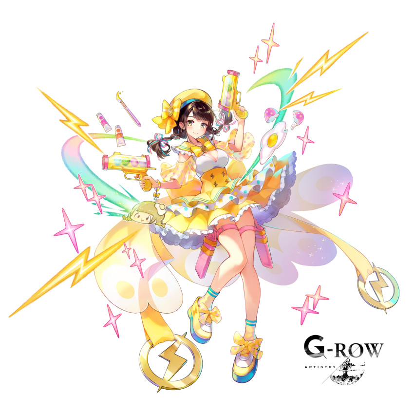1girl, aqua_ribbon, black_hair, bow, bowtie, braid, brown_hair, cleavage_cutout, closed_mouth, clothing_cutout, commentary_request, dempagumi, dual_wielding, egg_(food), electricity, food, full_body, hair_ribbon, harumaki_(gumi), hat, hat_bow, high-waist_skirt, highres, holding, holding_toy_gun, holster, idol_clothes, kaname_rin, looking_at_viewer, official_art, phantom_of_the_kill, pink_ribbon, platform_footwear, ribbon, sailor_collar, second-party_source, simple_background, skirt, smile, socks, solo, standing, standing_on_one_leg, tachi-e, thigh_holster, twin_braids, white_background, white_socks, yellow_bow, yellow_bowtie, yellow_eyes, yellow_hat, yellow_sailor_collar, yellow_skirt