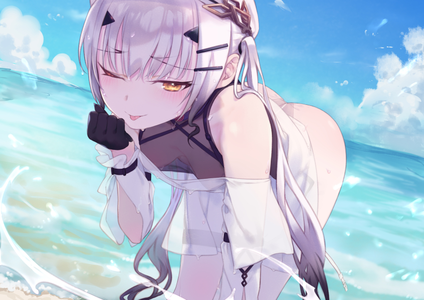 1girl, absurdres, adapted_costume, ass, bare_shoulders, beach, beret, bikini, black_bikini, black_gloves, blue_sky, blush, breasts, daisi_gi, detached_sleeves, dress, fate/grand_order, fate_(series), forked_eyebrows, gloves, hat, highres, leaning_forward, long_hair, looking_at_viewer, melusine_(exhibition_attire)_(fate), melusine_(fate), off_shoulder, one_eye_closed, shore, short_dress, sidelocks, sky, small_breasts, smile, solo, swimsuit, thighs, tongue, tongue_out, twintails, wet, white_dress, white_hair, white_hat, yellow_eyes