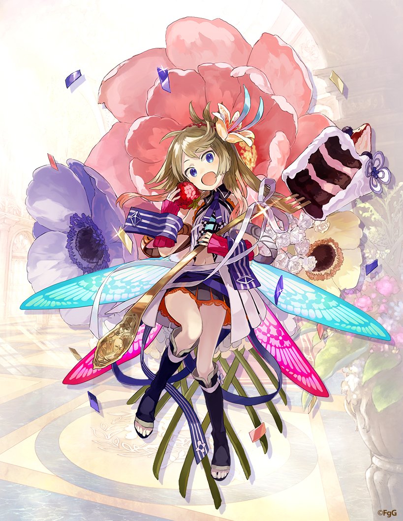 1girl, :d, blonde_hair, blue_eyes, boots, cake, commentary_request, confetti, copyright_notice, dulyn, fairy, fairy_wings, flower, food, fork, fruit, full_body, hair_flower, hair_ornament, holding, holding_food, holding_fork, holding_fruit, long_hair, looking_at_viewer, midriff, miniskirt, official_art, open-toe_boots, open_mouth, oversized_fork, phantom_of_the_kill, second-party_source, skirt, smile, solo, watarubou, wings