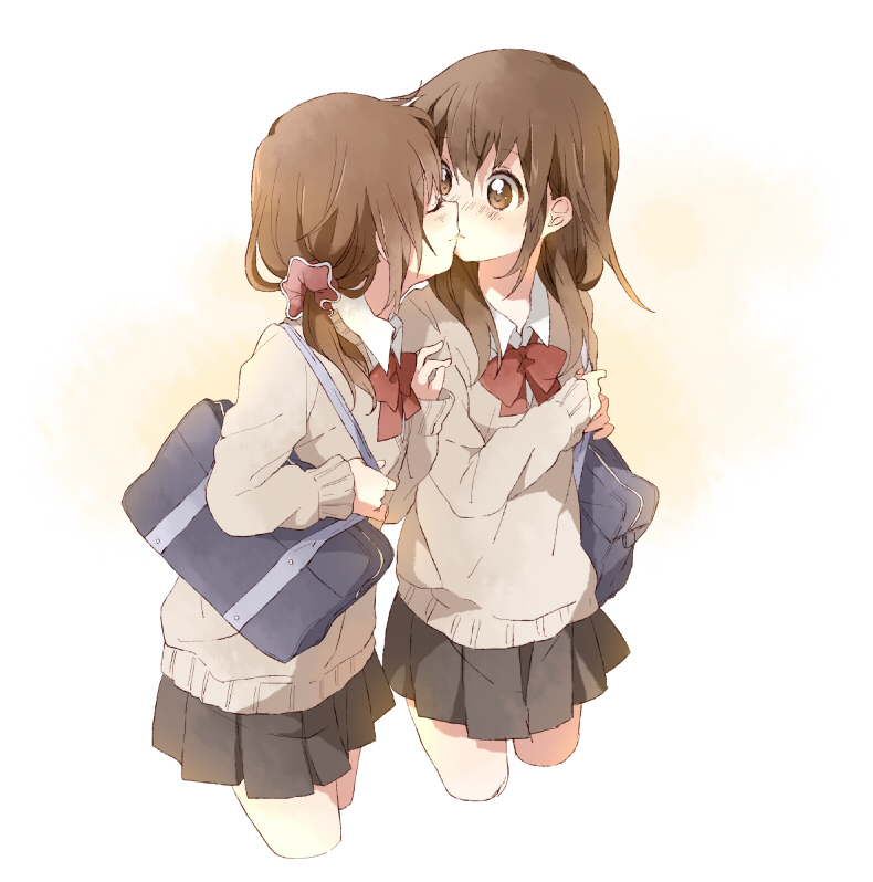 2girls, bag, blush, bow, brown_eyes, brown_hair, closed_eyes, cowboy_shot
