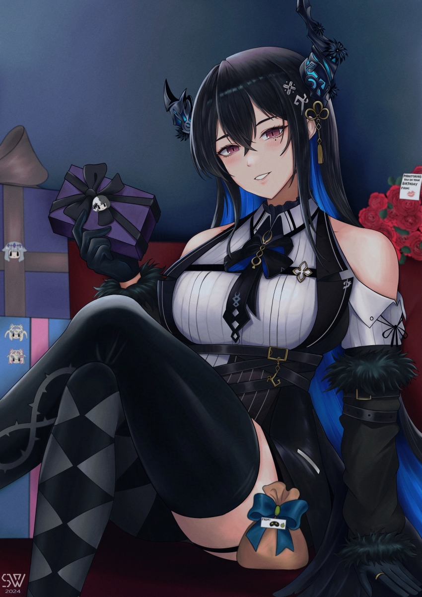 1girl, absurdres, argyle_clothes, argyle_pantyhose, asymmetrical_horns, asymmetrical_legwear, belt, black_bow