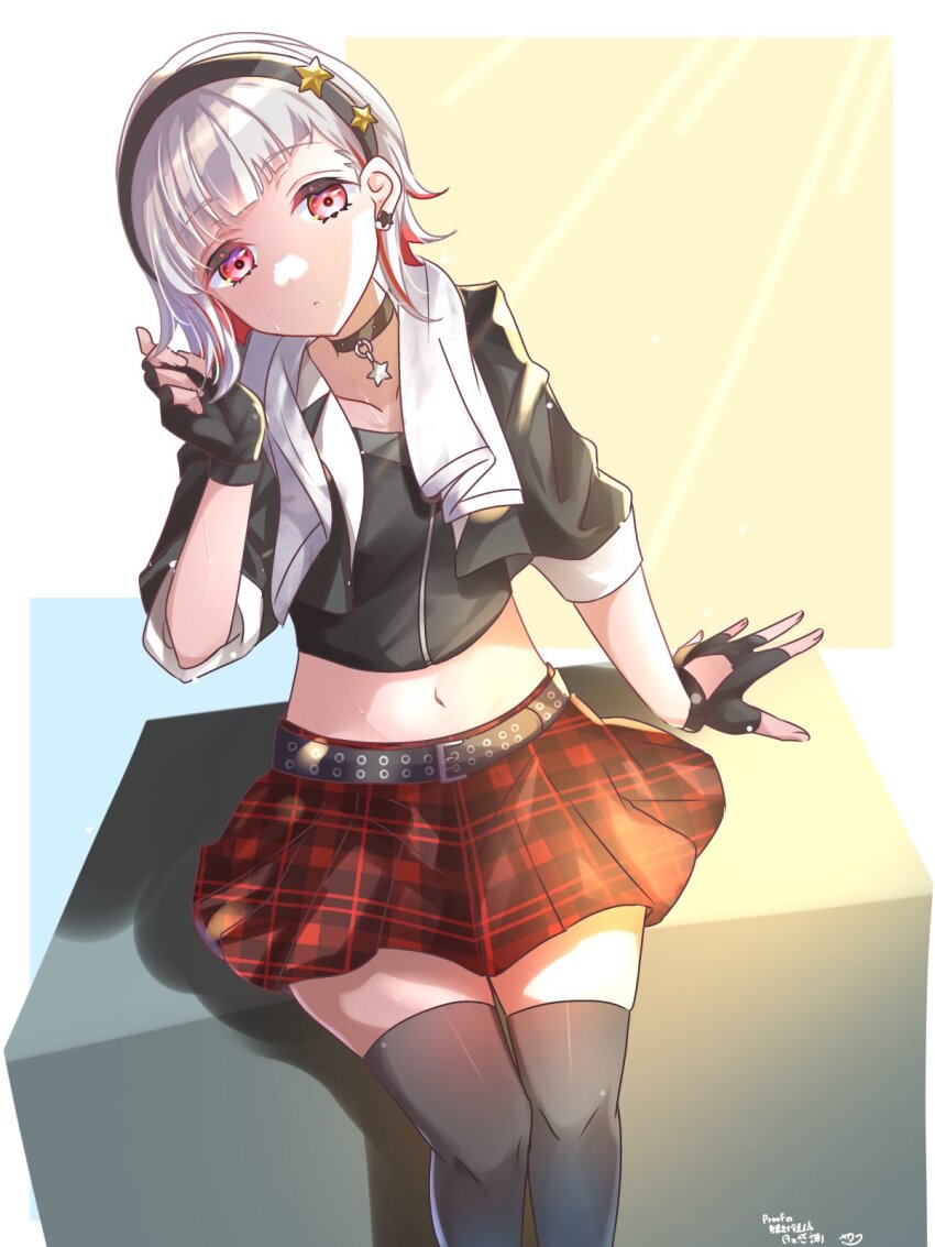 1girl, black_choker, black_gloves, black_hairband, black_jacket, black_shirt, black_thighhighs, bob_cut