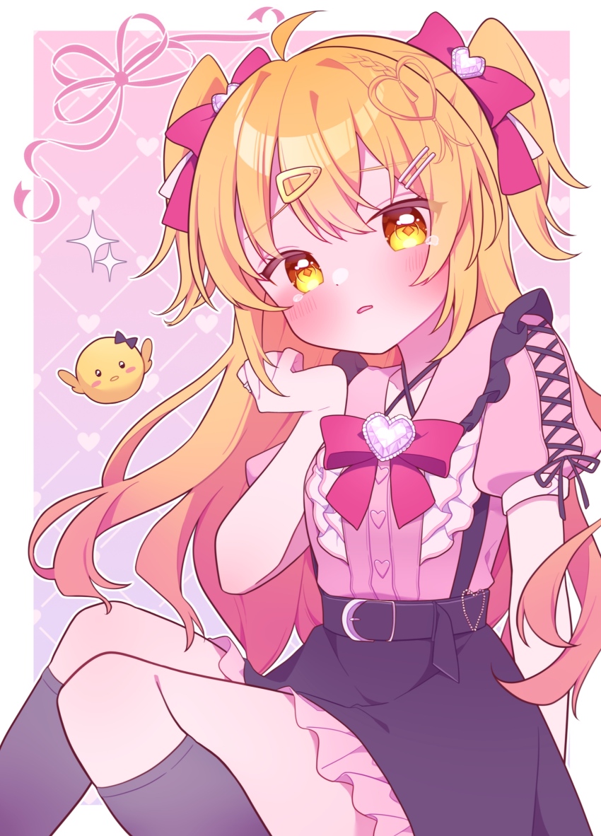 1girl, absurdres, ahoge, baby_animal, bird, black_socks, blonde_hair, blush, border, bow, bowtie, chick, frilled_skirt, frills, gradient_hair, hair_bow, hair_ornament, hairclip, heart, highres, indie_virtual_youtuber, kneehighs, long_hair, looking_at_viewer, multicolored_hair, open_mouth, orange_hair, outside_border, pink_shirt, pmaru-sama, red_bow, red_bowtie, shirt, skirt, socks, solo, tears, two-tone_hair, two_side_up, umecha_0, white_border, yellow_eyes