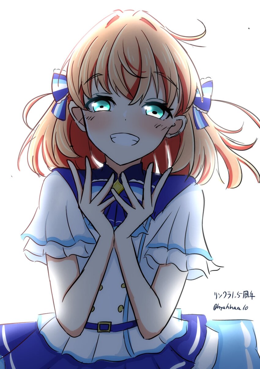 1girl, 365_days_(love_live!), anniversary, aqua_eyes, backlighting, blue_bow, blue_bowtie, blue_sailor_collar