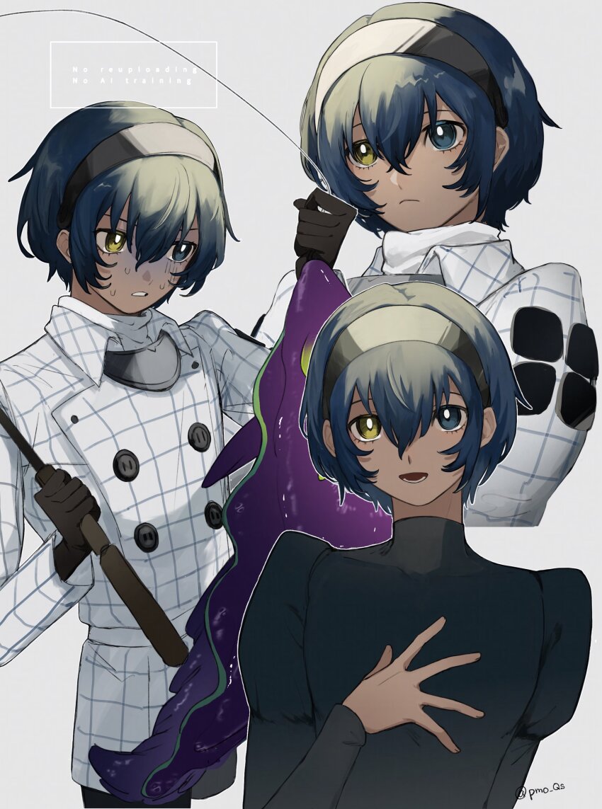 1boy, absurdres, arm_up, black_shirt, blue_hair, buttons, closed_mouth, coat, collared_coat, commentary_request, dark-skinned_male, dark_blue_hair, dark_skin, fish, fishing_rod, frown, hair_between_eyes, hairband, hand_on_own_chest, heterochromia, highres, holding, holding_fishing_rod, long_sleeves, looking_ahead, looking_at_animal, looking_at_viewer, lower_teeth_only, metal_hairband, metaphor:_refantazio, multiple_views, open_mouth, parted_lips, patterned_clothing, pmo_qs, protagonist_(metaphor:_refantazio), shirt, simple_background, sweat, sweatdrop, teeth, turtleneck, white_background, white_coat, white_shirt