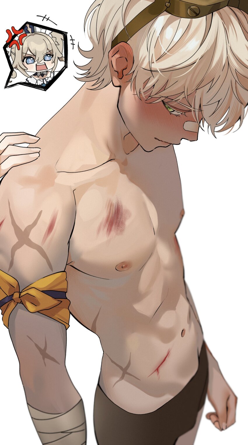 1boy, 1girl, abs, absurdres, anger_vein, bandaged_arm, bandages, bandaid, bandaid_on_face, bandaid_on_nose, barbara_(genshin_impact), bennett_(genshin_impact), black_shorts, blue_eyes, blush, bruise, closed_mouth, cuts, genshin_impact, goggles, goggles_on_head, hair_between_eyes, highres, injury, male_focus, merururuu, nipples, scar, scar_on_arm, scar_on_stomach, scarf, shorts, simple_background, solo_focus, topless_male, twintails, white_background, white_hair