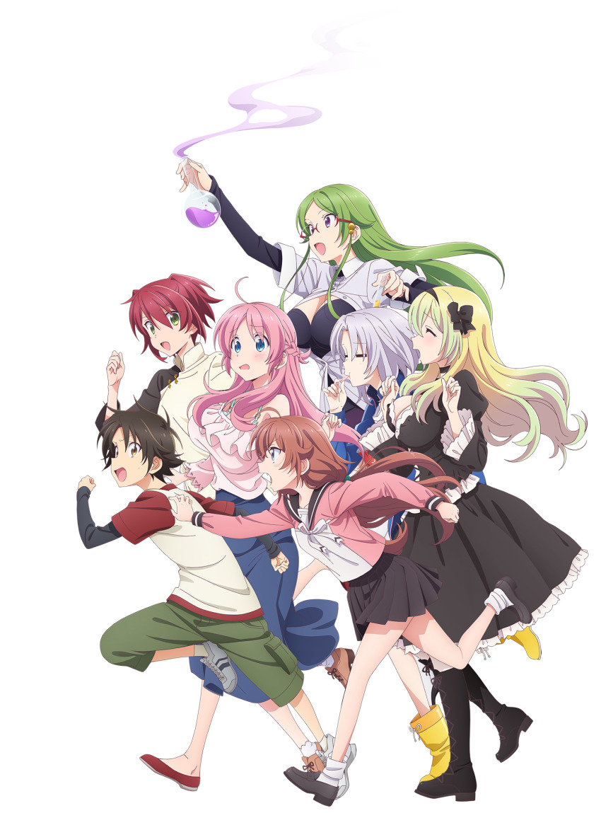 1boy, 6+girls, bare_shoulders, black_dress, black_footwear, black_hairband, black_sailor_collar, black_skirt