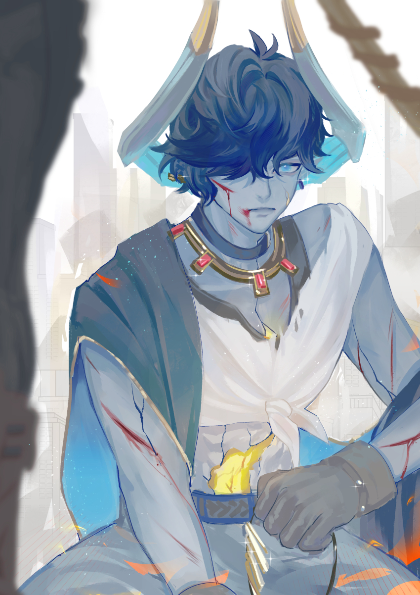 1boy, absurdres, amir_(enkidu), arm_up, black_choker, blood, blood_from_mouth, blood_on_face, blue_eyes, blue_hair, cape, choker, closed_mouth, commentary, cowboy_shot, decemberrain777, dislyte, gloves, grey_gloves, hair_between_eyes, hair_over_one_eye, hashtag-only_commentary, highres, horns, jewelry, looking_at_viewer, male_focus, necklace, one_eye_covered, pants, sash, shirt, side_cape, solo, white_shirt