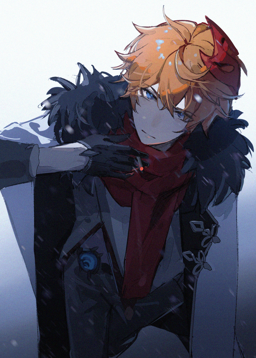 1boy, blue_eyes, blue_gem, brooch, cigarette, closed_mouth, coat, daylily