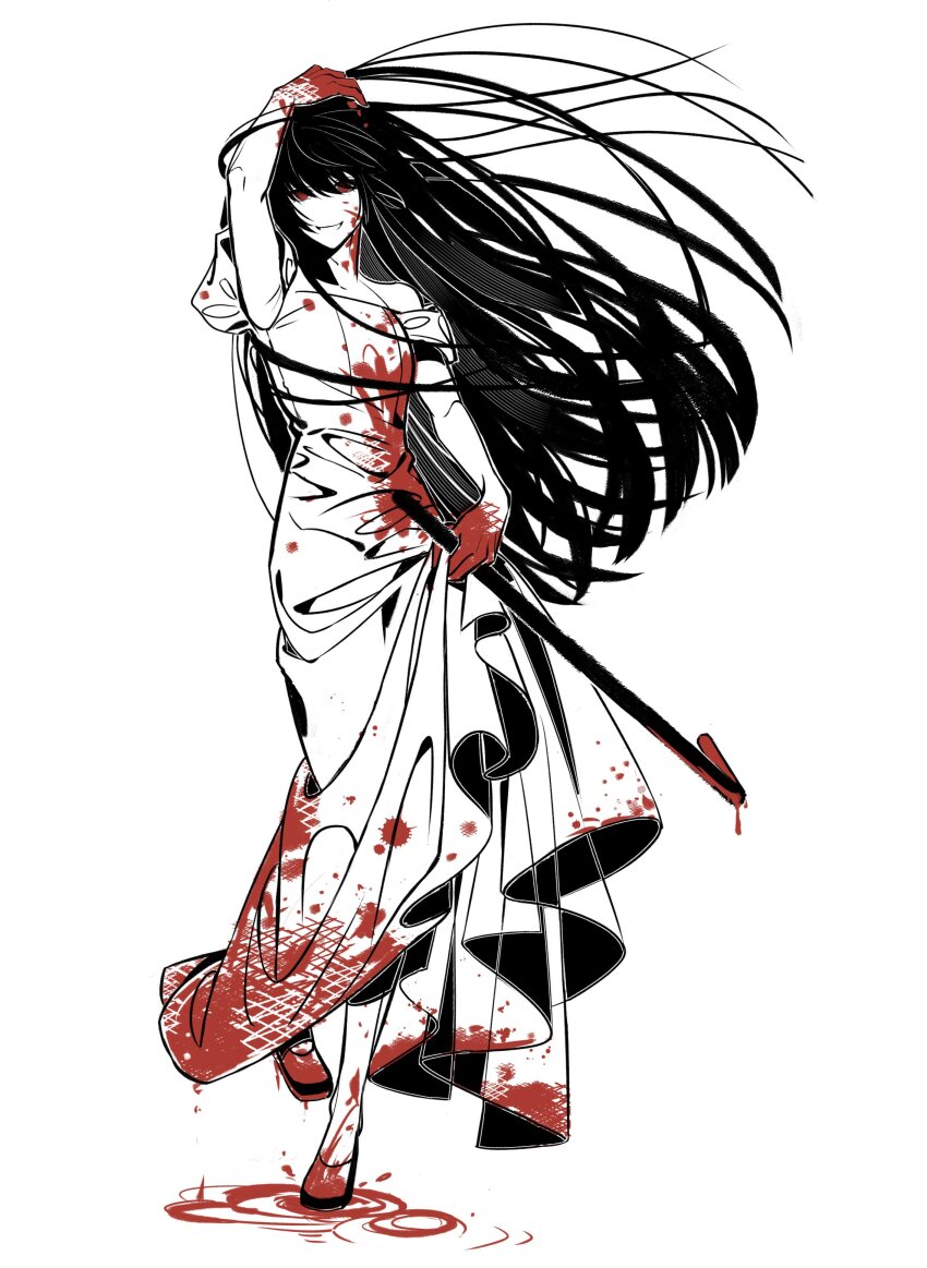 1girl, absurdres, arm_up, black_hair, blood, blood_on_clothes, blood_on_face, blood_on_hands