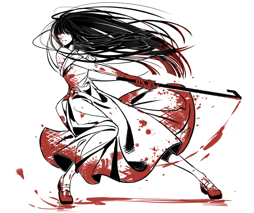 1girl, absurdres, black_hair, blood, blood_on_clothes, blood_on_face, blood_on_hands, blood_on_shoes
