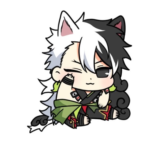 1boy, :3, animal_ears, arm_up, ashiya_douman_(fate), ashiya_douman_(second_ascension)_(fate), bandaged_wrist, bandages, bandaid, black_eyes, black_hair, black_hands, blush, cat_boy, cat_ears, cat_tail, chibi, collarbone, colored_extremities, curly_hair, earrings, eye_print, fate/grand_order, fate_(series), full_body, green_kimono, hair_between_eyes, japanese_clothes, jewelry, kimono, kimono_around_waist, large_pectorals, long_hair, magatama, magatama_earrings, male_focus, mouth_print, multicolored_hair, multiple_boys, one_eye_closed, pectorals, seum_(kao_husband), short_hair, simple_background, smile, solo, split-color_hair, tail, teeth, topless_male, very_long_hair, white_background, white_hair, wink