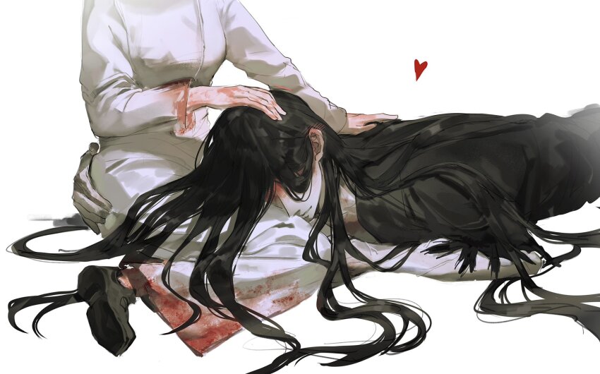 1boy, 1girl, black_footwear, black_hair, blood, blood_on_clothes, blood_on_hands, breasts