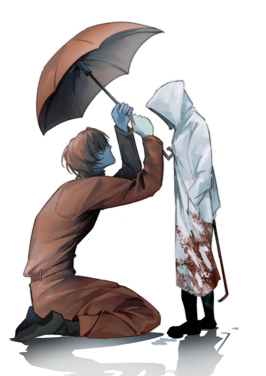 1boy, 1girl, arms_up, black_footwear, blood, blood_on_clothes, boots, coat