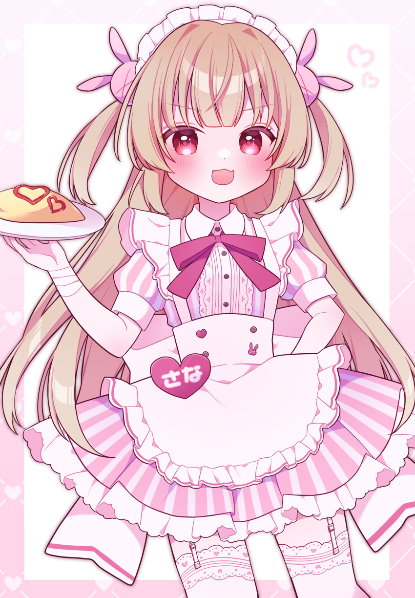 1girl, absurdres, apron, bandaged_arm, bandages, blonde_hair, blush, border