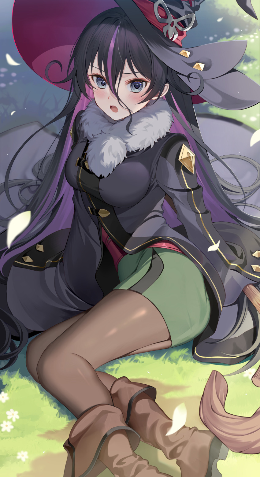 1girl, absurdres, black_hair, blue_eyes, blush, boots, breasts, brown_boots, coat, colored_inner_hair, commission, fur-trimmed_collar, fur-trimmed_robe, fur_trim, green_coat, green_skirt, hair_spread_out, hat, highres, holding, holding_staff, ion_(on01e), jacket, large_breasts, long_hair, long_sleeves, looking_at_viewer, lucia_rogier, mage_staff, multicolored_hair, nageki_no_bourei_wa_intaishitai, open_mouth, pixiv_commission, purple_hair, purple_hat, robe, skirt, solo, staff, witch, witch_hat