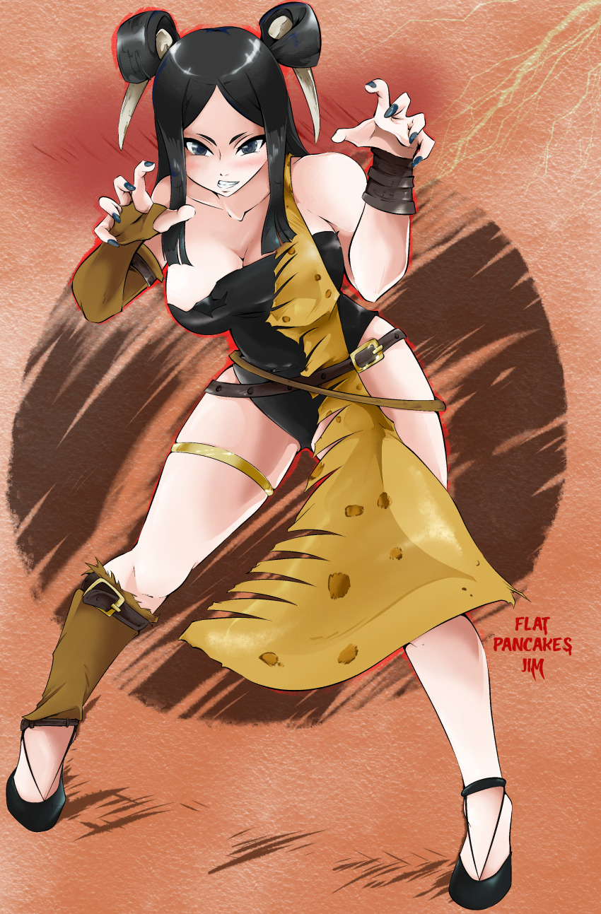 absurdres, animal_print, arms_up, belt, black_hair, breasts, cleavage, fairy_tail, flatpancakesjim, hair_ornament, highres, large_breasts, looking_at_viewer, loose_belt, minerva_orlando, revealing_clothes, sabretooth_tiger, torn_clothes