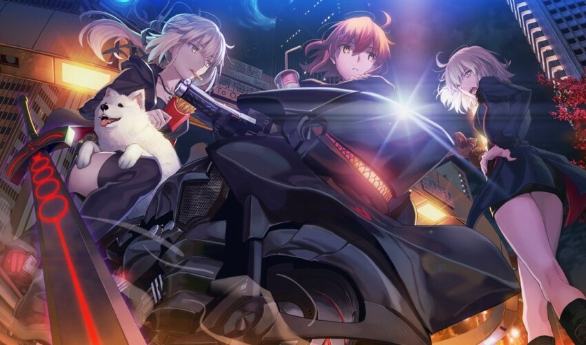 3girls, ahoge, aora, artoria_pendragon_(fate), black_camisole, black_dress, black_jacket, black_ribbon