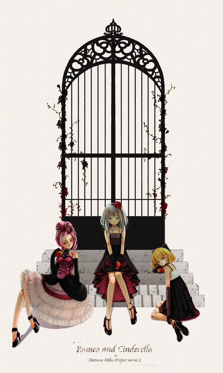 3girls, apple, black_dress, black_gloves, blonde_hair, blue_eyes, bow, choker