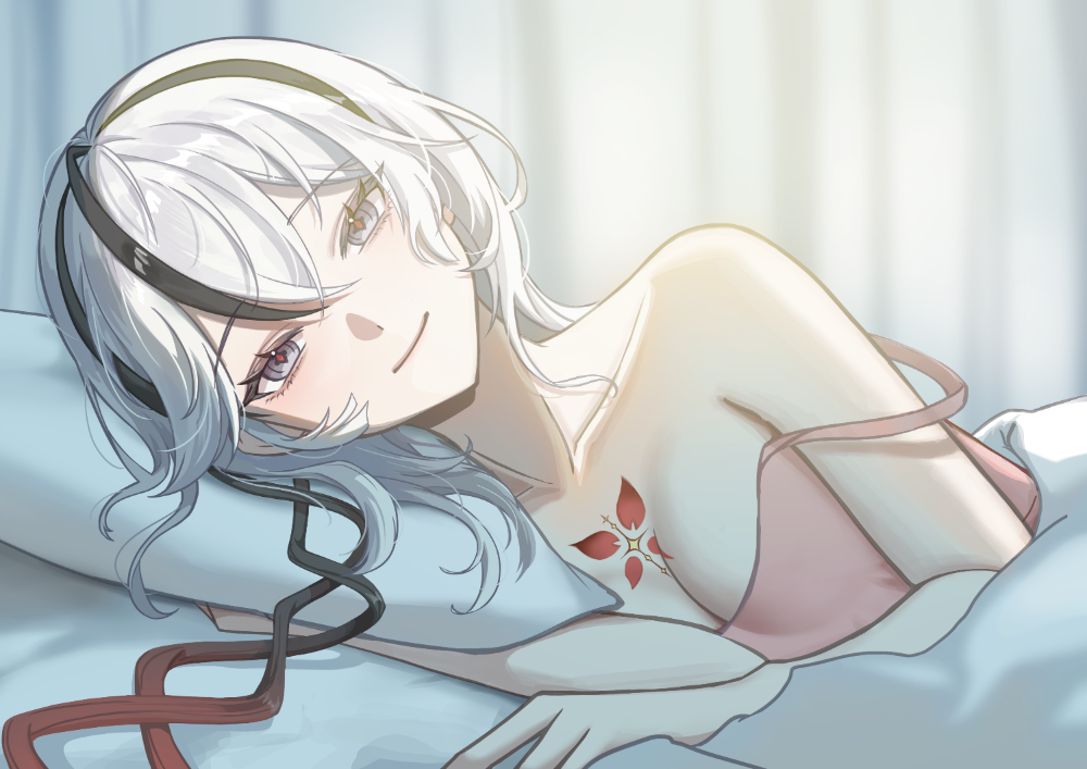 1girl, alternate_costume, bare_shoulders, black_eyes, breasts, camellya_(wuthering_waves), cleavage, closed_mouth