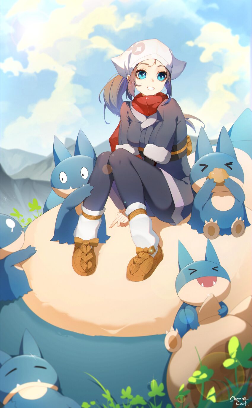 1girl, absurdres, akari_(pokemon), aqua_eyes, brown_footwear, chinese_commentary, cloud, commentary_request