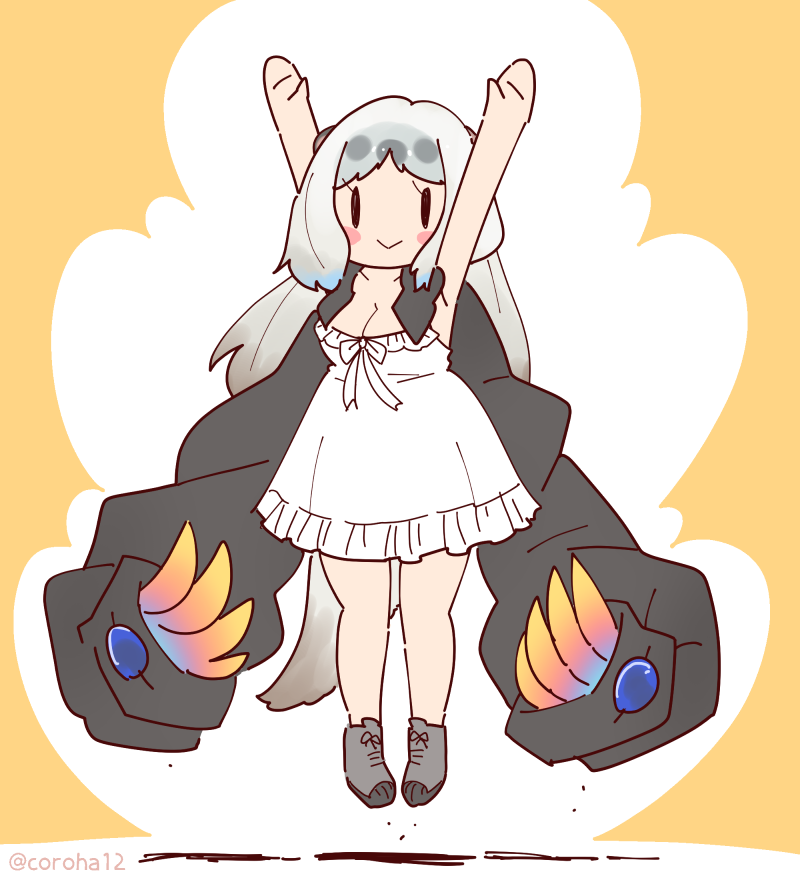 1girl, animal_ears, armpits, arms_up, camisole, claws, coroha, extra_ears, full_body, grey_hair, jacket, jumping, kemono_friends, long_hair, looking_at_viewer, megatherium_(kemono_friends), orange_background, ribbon, shoes, simple_background, solo, tail