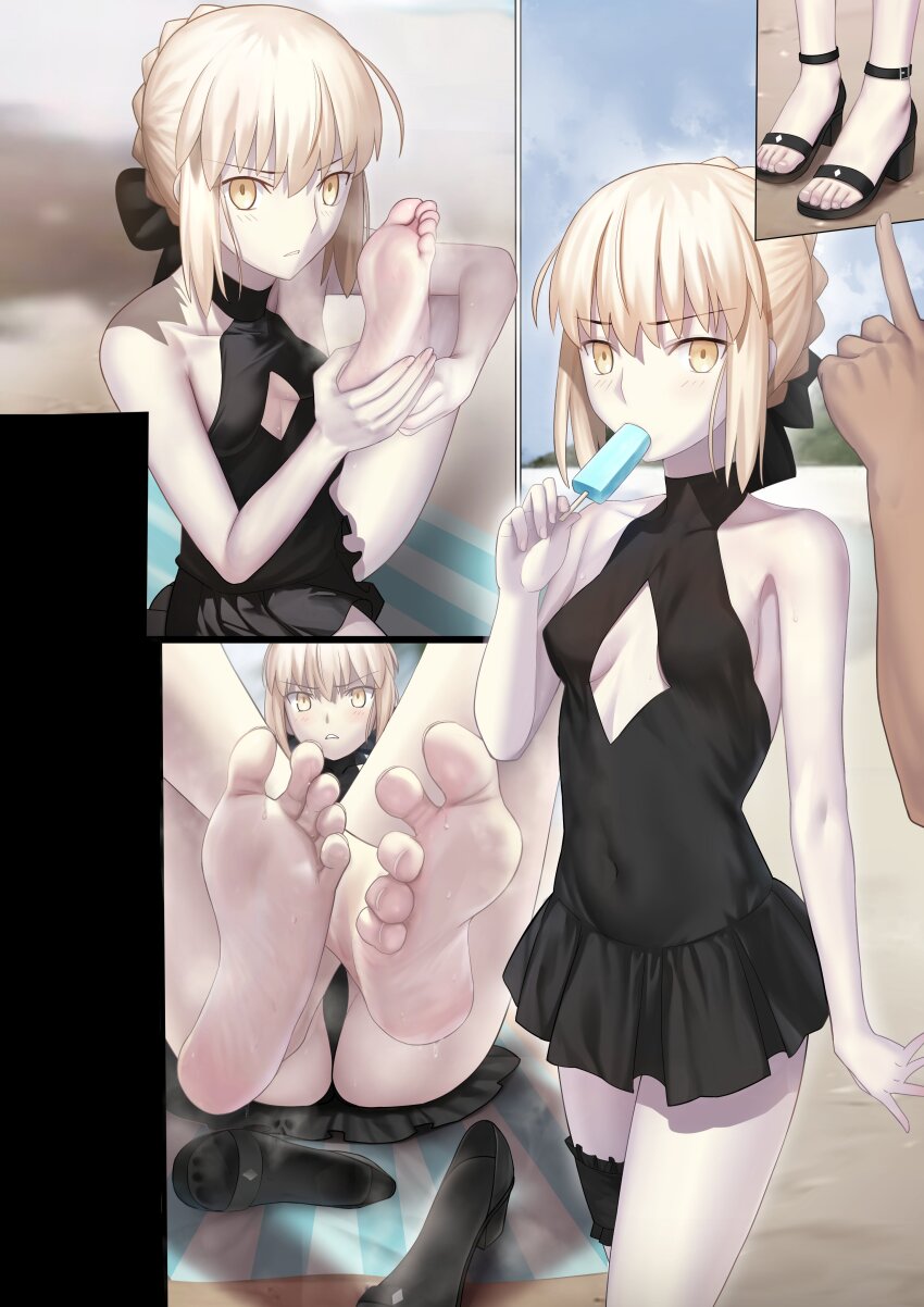 1girl, absurdres, angra_mainyu_(fate), artoria_pendragon_(fate), bare_arms, bare_legs, bare_shoulders, besmiled