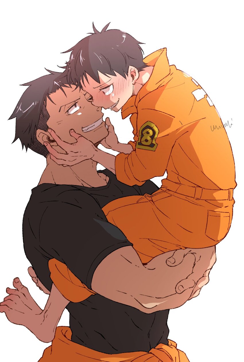 2boys, age_difference, akitaru_oubi, bara, barefoot, black_hair, black_shirt, blush