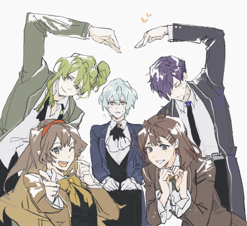 2boys, 3girls, ahoge, angela_(project_moon), blue_hair, brown_hair, closed_eyes, folded_ponytail