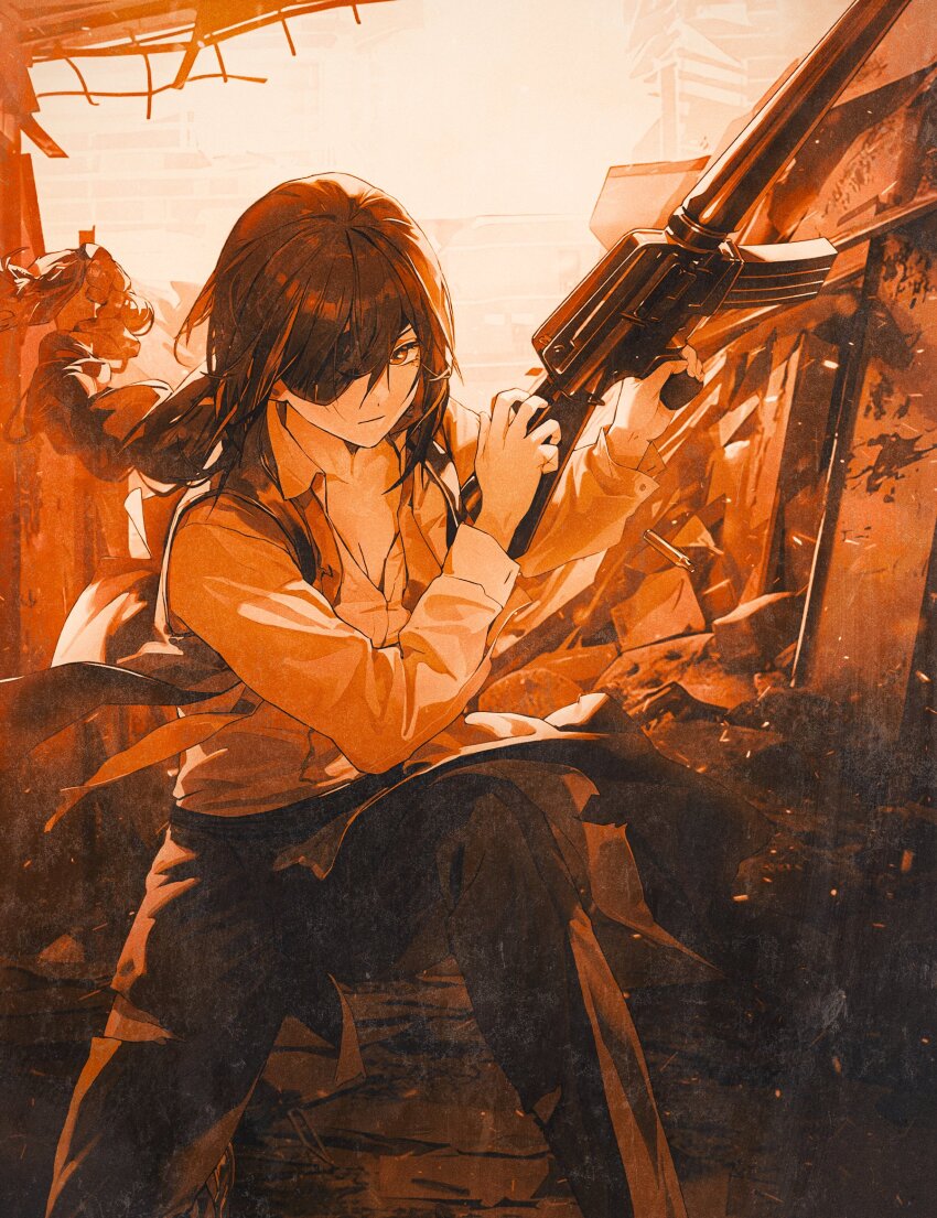 1girl, apron, assault_rifle, black_apron, blue_necktie, blunt_bangs, braid, breasts