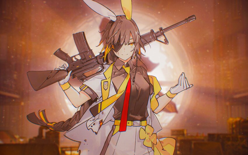 1girl, animal_ears, assault_rifle, belt, blunt_bangs, braid, brown_eyes, brown_hair