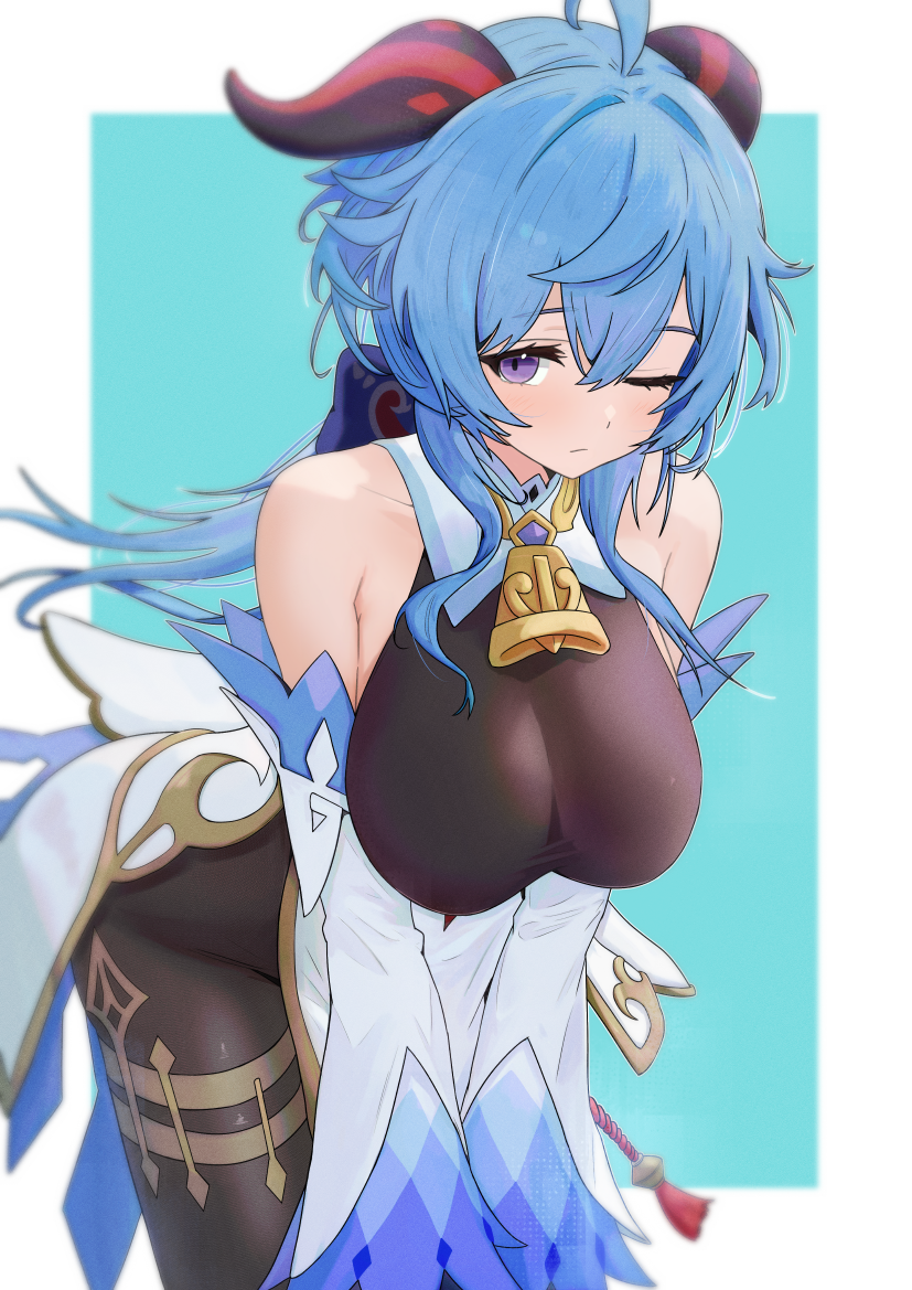 1girl, ahoge, aqua_background, bare_shoulders, bell, blue_hair, blush, bodystocking, border, breasts, chinese_knot, closed_mouth, commentary, cowbell, detached_sleeves, ganyu_(genshin_impact), genshin_impact, goat_horns, gold_trim, hair_between_eyes, horns, jewelry, large_breasts, leaning_forward, long_hair, looking_at_viewer, neck_bell, one_eye_closed, outside_border, pelvic_curtain, purple_eyes, solo, sora_mame_(princess_0sora), thighlet, two-tone_background, white_border, white_sleeves, wide_sleeves