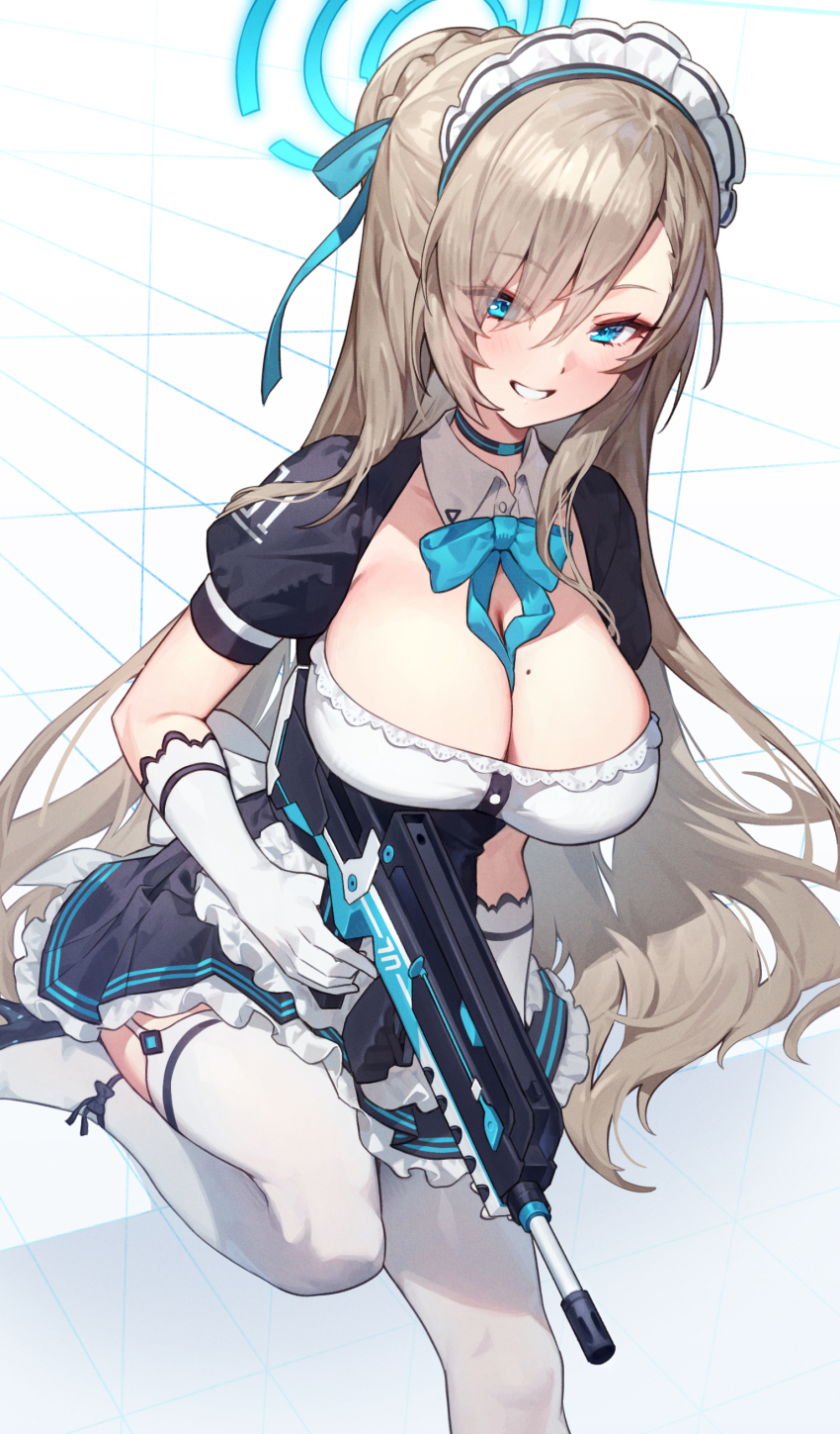 1girl, absurdres, assault_rifle, asuna_(blue_archive), black_dress, blue_archive, blue_eyes, blue_halo