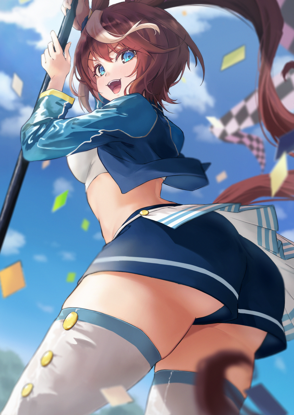 1girl, animal_ears, ass, blue_eyes, blurry, blush, breasts, brown_hair