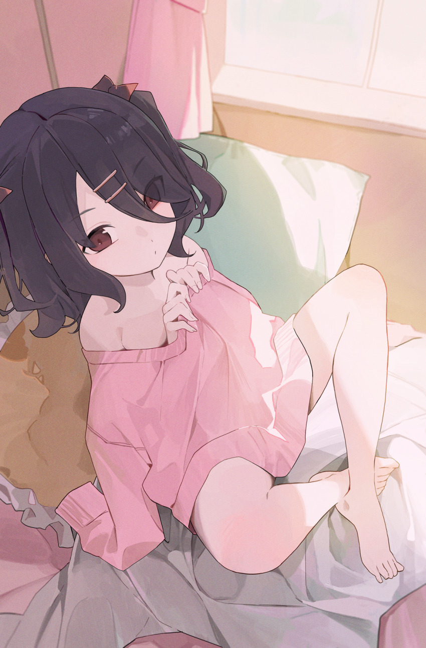 1girl, bare_shoulders, bed, black_hair, bow, brown_eyes, closed_mouth, curtains, dot_mouth, dot_nose, feet, flat_chest, frilled_pillow, frills, hair_bow, hair_ornament, hair_over_one_eye, hairclip, highres, hiroki_(yyqw7151), holding_sweater, indian_style, looking_at_viewer, naked_sweater, on_bed, original, pillow, pink_sweater, red_bow, short_hair, sitting, solo, sweater, two_side_up, wavy_hair, window
