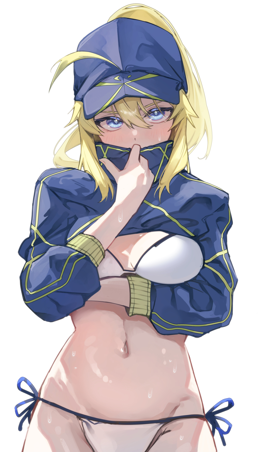 1girl, absurdres, ahoge, arms_under_breasts, artoria_pendragon_(fate), baseball_cap, bikini, blonde_hair