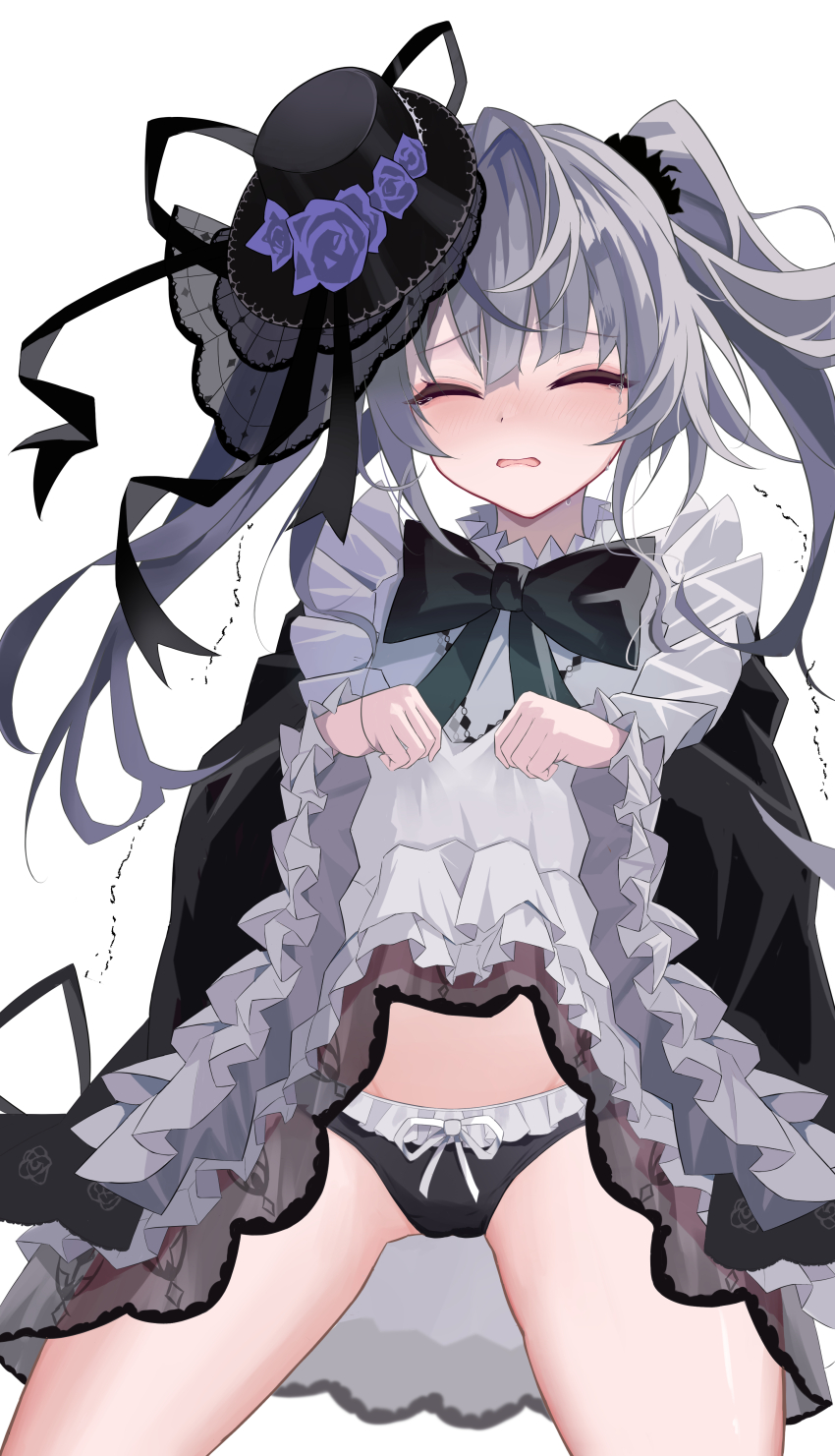 1girl, absurdres, blush, breasts, character_request, closed_eyes, clothes_lift, commentary_request, embarrassed, flower, gothic_lolita, grey_hair, hair_between_eyes, hair_ornament, highres, l.os, lifting_own_clothes, lolita_fashion, long_hair, maimai_(game), panties, shirt_lift, small_breasts, twintails, underwear, white_background