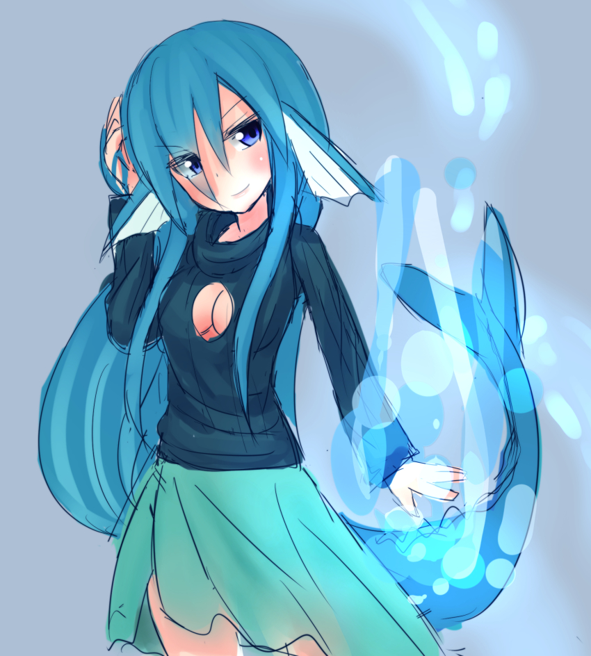 1girl, amemiya_issa, blue_background, fins, gen_1_pokemon, head_fins, highres, nintendo, personification, pokemon, pokemon_(creature), vaporeon