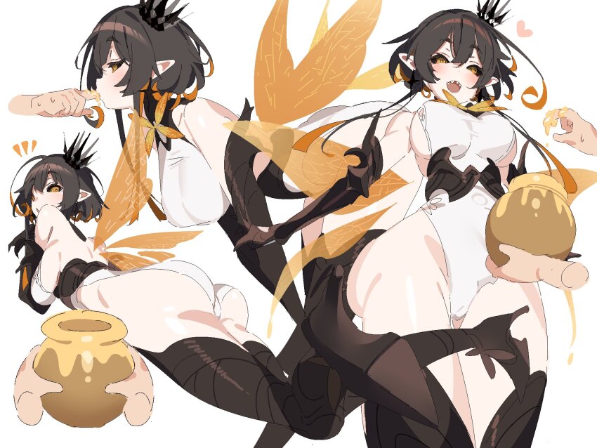 1girl, 1other, ahoge, arthropod_girl, ass, bare_shoulders, bee_girl, bee_wings